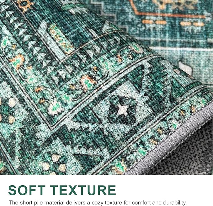 Bavni Washable Rug 8x10 Area Rug for Living Room Bedroom Dining, Washable Vintage Print Carpet, Ultra-Thin Chenille Low Pile Lightweight Rug with Non Slip Backing, Dark Green