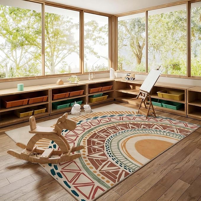 Colorful Geometric Sun Rug, Sun Pattern Rug, Geometric Area Rugs, Colorful Abstract Rugs, Washable Boho Carpet for Living Room, Bedroom, Dining Room, Office (10' x 17'(Rectangular))