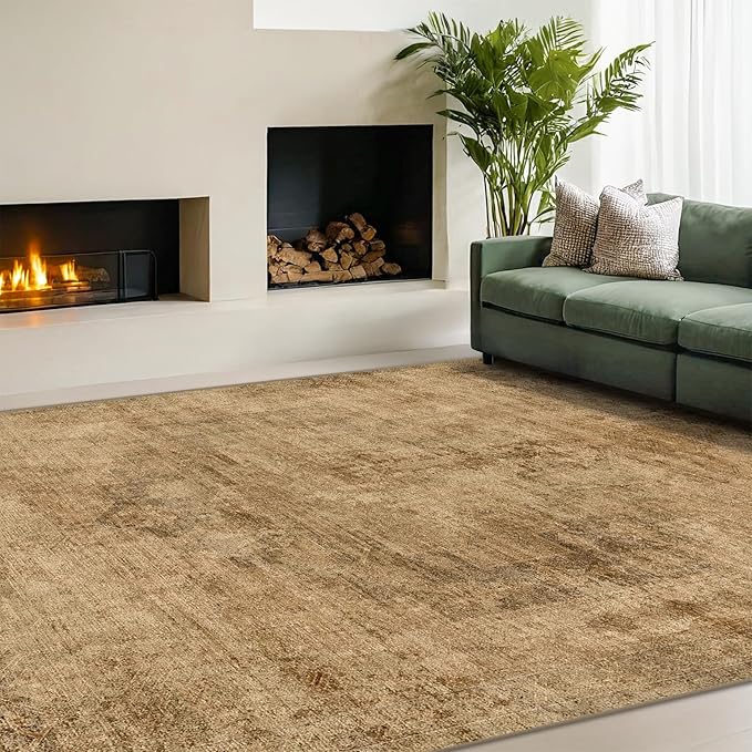 Vintage Dark Gold Rugs for Bedroom - 6x9 Distressed Print Pattern Large Area Rug for Living Room, Dining Room Under Table, Thin & Soft Washable Brown and Yellow