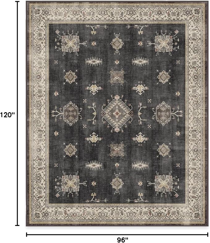 RUGGABLE Washable Vintage Area Rug – Verena Dark Wood 8x10, Stain-Resistant, Non-Slip – Large Machine Washable Rugs for Living Room, Bedroom, Hallway, Entryway & Office–with Cushioned Pad