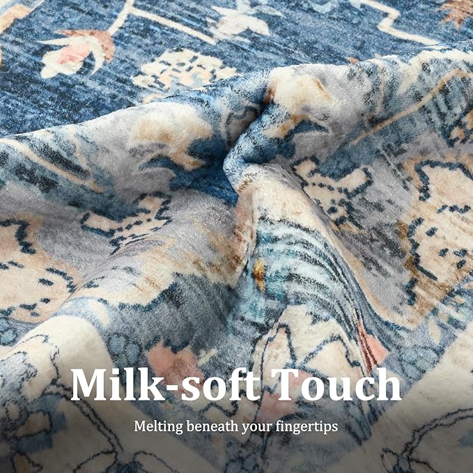 Area Rugs 5x7, Low Pile Washable Rugs, Soft Vintage Distressed Rugs for Bedroom, Living Room, Dining Room, Water Repellent, Non Shedding, Blue and Orange