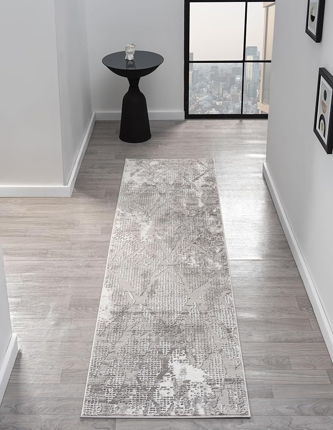 Adel Modern Runner Rug for Kitchen, 2x7 Rustic Distressed Abstract Gray Runner, Medium Pile Stain Resistant Carpet for Bedroom, Hallway or Entryway (2' x 7, Gray)