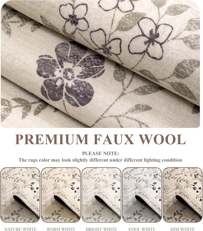 YIHOUSE Beige Floral Print Rugs, Moroccan Trellis 9x12 Washable Large Rug, Modern Pastel Non Slip Ultra-Thin Area Rug for Classroom, Nursery Playroom,Dorm,Bedroom,Living Room, Beige Multi