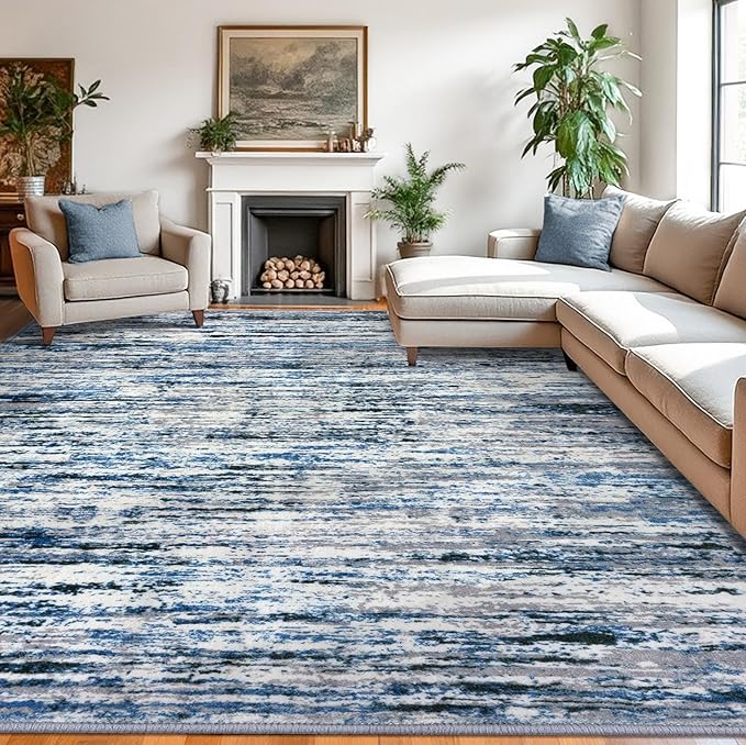 Modern Abstract 9x12 Large Machine Washable Living Room Rug Non-Slip Soft Bedroom Area Rug Grey Blue White Thin Print Faux Wool Carpet Throw Rugs for Nursery Playroom Dining Room Indoor