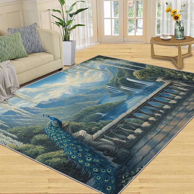 Peacock Rug Large - 5x7 Rug, Peacock Decor Washable Rugs for Living Room, Nature Waterfall Carpet, Natural Landscapes Non-Slip Area Rugs for Bedroom, Aesthetics Carpet - Peafowl Home Decor & Gifts