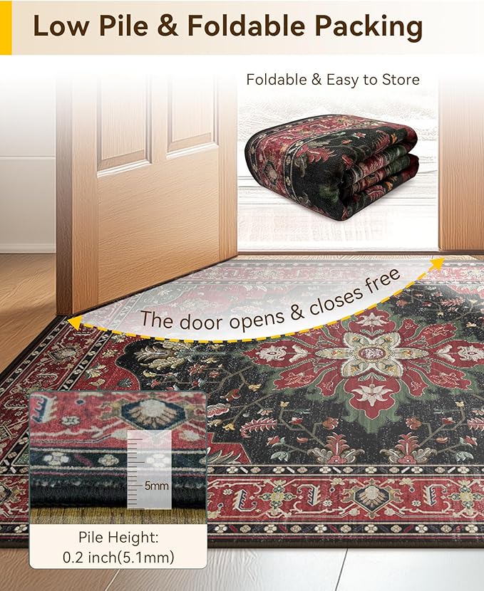 Area Rugs 9'x12' Washable Non-Slip, Floral Vintage Distress Print Pattern Medallion Carpet for Living Room Bedroom Dining Room, Red Black