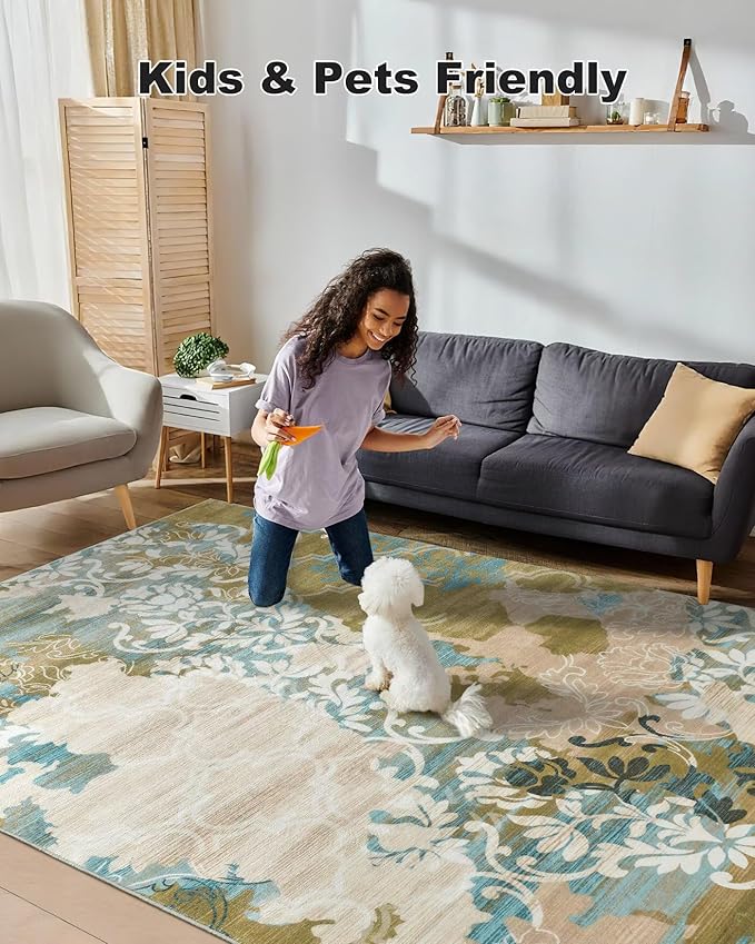 Washable Abstract Rug, 9x12 Willow Green and Blue Floral Area Rugs with Non-Slip Rubber Backed for Living Room, Low Pile Modern Throw Carpet Bedroom Dining Room Decor