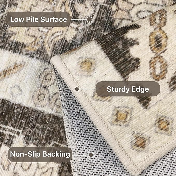 2x7 Runner Rug Machine Washable Boho Runners for Hallway,Ultra-Thin Low Pile Rug,Lightweight Indoor Carpet,Non Slip Floral Runners for Enrtyway, Corridor, Home Office, Kitchen,Brown