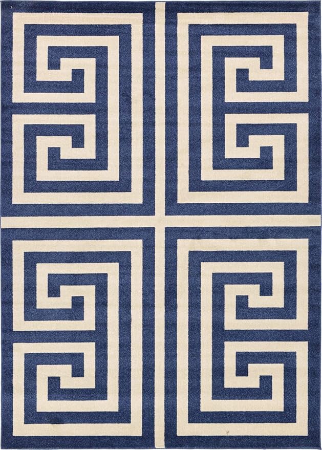 Unique Loom Athens Collection Classic Geometric Modern Border Design Area Rug (7' 0 x 10' 0 Rectangular, Navy Blue/ Beige)