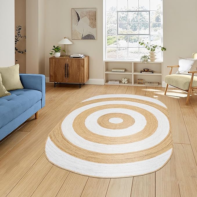 4x10 Oval Kilim Jute Runner – Handmade Boho Rug, Hand Braided Jute, 0.27" Thick Flatweave, Solid White Beige Oval Carpet for Hallway, Staircase, Entryway, Corridor