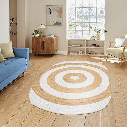 10x14 Oval Kilim Rug – Handmade Boho Jute Rug, Solid White Beige, Hand Braided Flatweave, 0.27" Thick Oval Carpet for Bedroom, Living Room, Dining Room