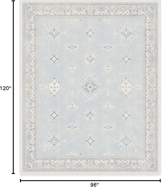 RUGGABLE Washable Vintage Area Rug – Verena Soft Blue 8x10, Stain-Resistant, Non-Slip – Large Machine Washable Rugs for Living Room, Bedroom, Hallway, Entryway & Office–with Standard Pad