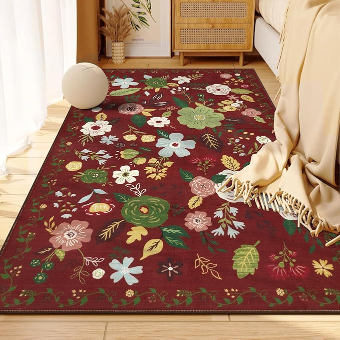 U'Artlines 3x5ft Colorful Red Christmas Floral Rug,Non Slip Washable Area Rug Ultra Soft Low Pile Boho Small Carpet for Living Room, Bedroom, Dining Room,Farmhouse,Office
