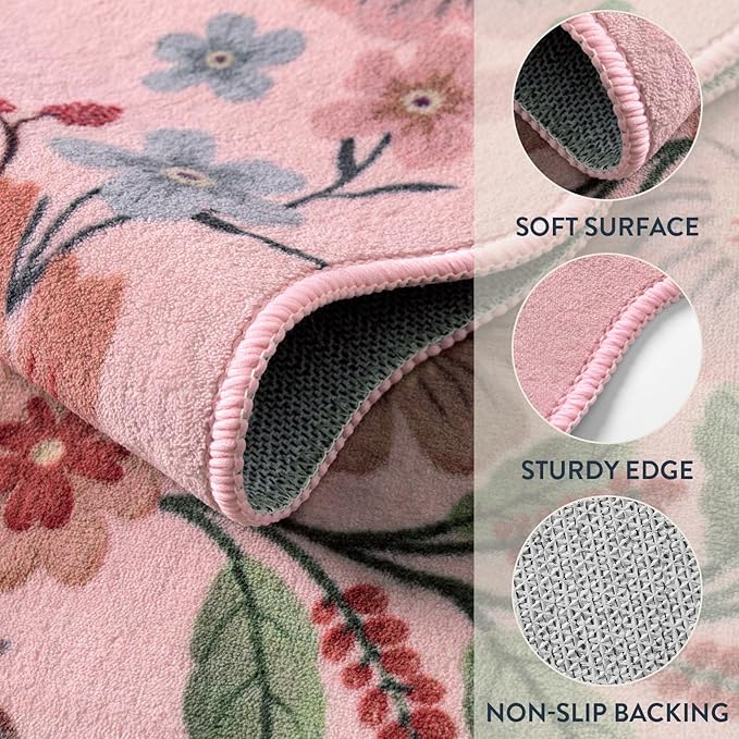 Lahome Floral Washable Entryway Rug, 2X3 Soft Kitchen Rugs Non-Slip, Ultra-Thin Door Mat Indoor Entrance Stain Resistant Boho Small Throw Carpet for Bathroom Bedroom Entry, Pink