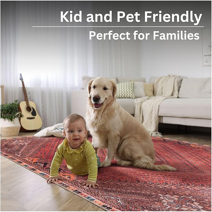 Bloom Rugs Washable Non-Slip 10x14 Rug - Red/Multicolor Traditional Bordered Area Rug for Living Room, Bedroom, Dining Room, and Kitchen - Exact Size: 10' x 14'