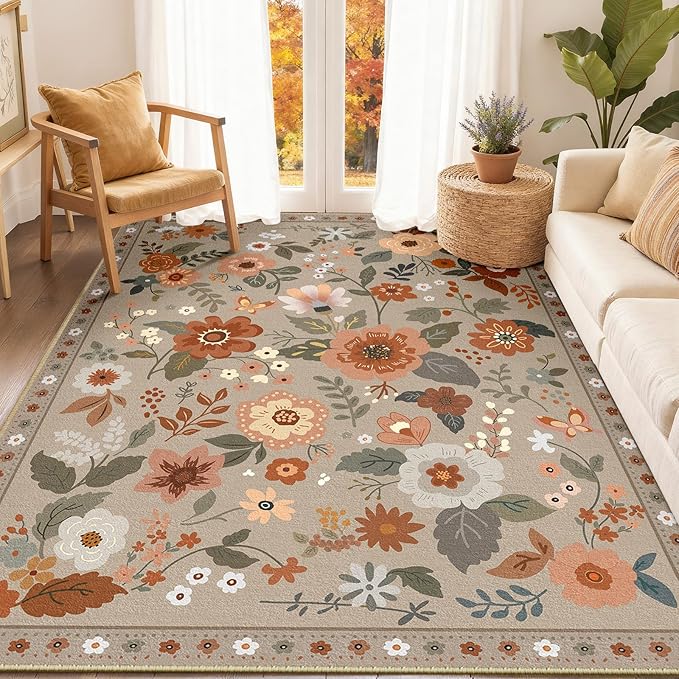 Floral 4x6 Area Rug Machine Washable Soft Print Boho Carpet Non Slip Doormat Low Pile Flower Area Rugs for Living Room Bedroom Nursery Kitchen Dining Room Indoor-Brown/Brick