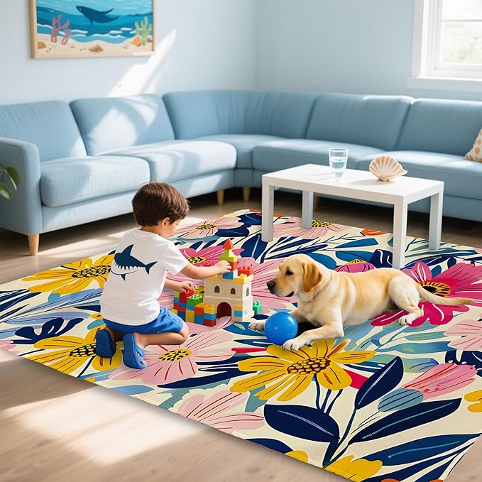 Pink Flowers Summer Area Rug for Living Room, Non-Slip Backing Low Pile Modern Abstract Rug for Indoor Use, 3x5 Washable Carpet