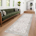 Boho 3x16 Wide Hallway Runner - Light Gray and Taupe, Washable Low Pile Non Slip Stain Resistant 16ft Runner Rug for Long Kitchen, Hall Way, Floral Decor