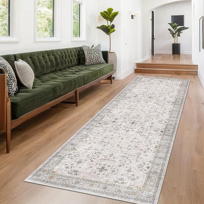 Floral 3x8 Wide Hallway Runner - Light Gray with Taupe Accent, Boho Eclectic Decor, Washable Low Pile Non Slip Stain Resistant Rug for Long Kitchen, Large Bathroom, Hall Way