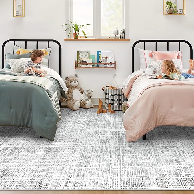 6x9 Area Rugs for Living Room, Washable Large Area Rug Neutral Modern Abstract Bedroom Rug Soft Non Slip Low Pile Stain Resistant Indoor Carpet for Nursery Kids Dining Room Office(Grey, 6'x9')