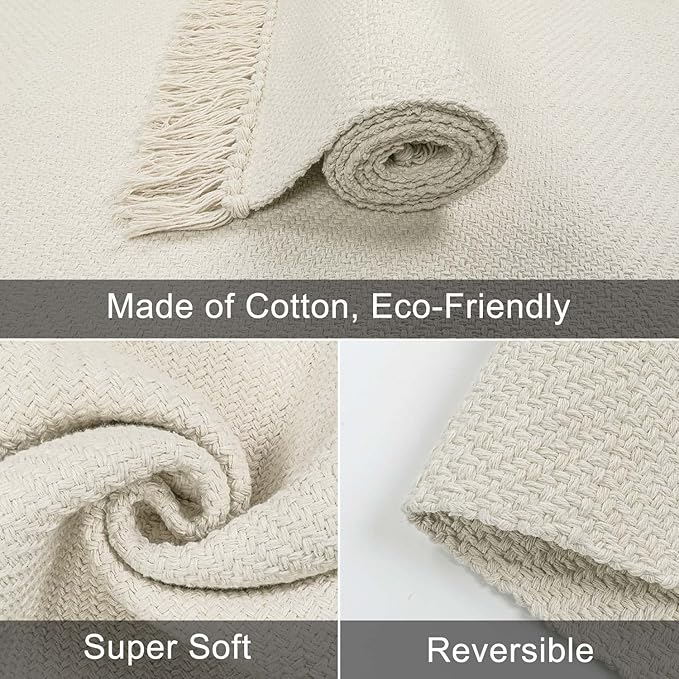 Collive 4x6 Small Area Rug for Living Room, White/Beige Woven Cotton Bedroom Carpets Modern Comfy Indoor Nursery Rug Farmhouse Accent Carpet for Dining Room, Bedside, Office, Patio Decor