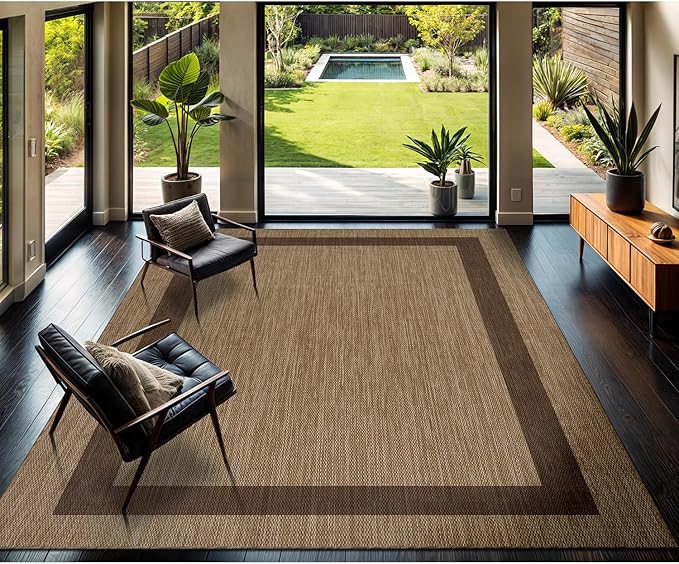 CAMILSON Outdoor Rug 10x14 - Large Modern Outside Rugs for Patios Porches Waterproof Durable Washable Non-Shedding, Easy-to-Clean Indoor Outdoor Area Carpet (10 x 14, Bordered - Jute)