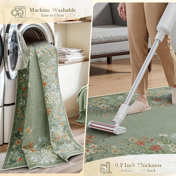 Wonnitar Washable Area Rug 4x6, Green Floral Rugs for Living Room, Non-Slip Large Kitchen Throw Mat, Low-Pile Indoor Botanical Floor Carpet for Girls Bedroom Laundry Entrance (Green,4'x6')