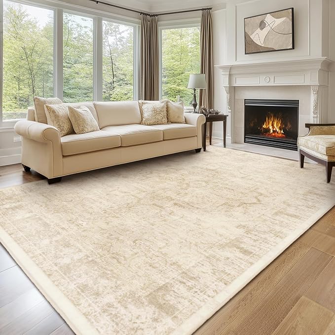 Distressed Beige Rugs for Living Room 6x9, Low Pile Thin Area Rugs for Bedroom Manchine Washable Non Slip, Natural Farmhouse Medallion Pinted Carpet for Dining Room Guest Room Home Office