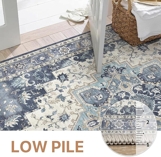 GENIMO 2x5 Runner Rugs for Hallway, Machine Washable Non Slip Vintage Rugs, Low Pile Lightweight Soft Print Rug for enrtyway, Corridor, Home Office, Kitchen, Center Blue
