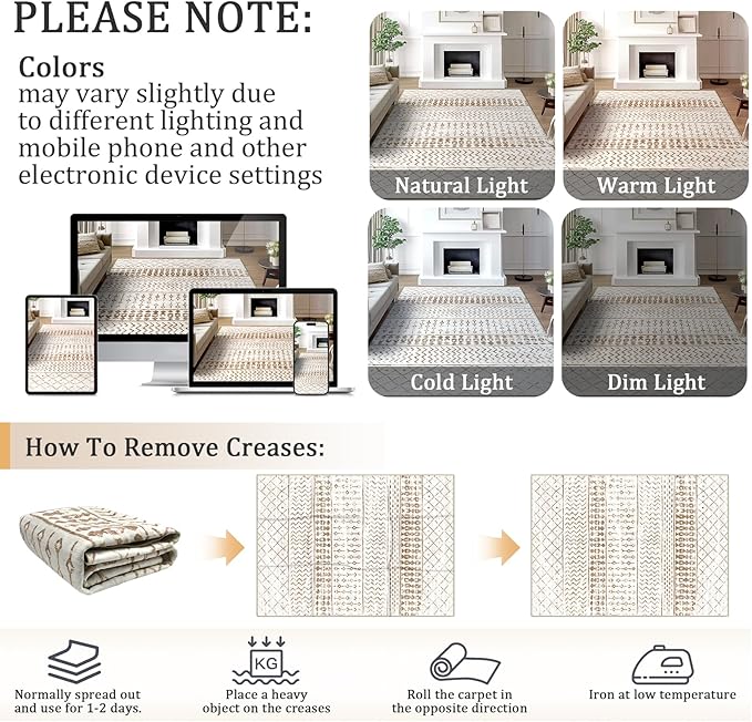 4x6 Machine Washable Area Rug for Living Room, Brown White Vintage Moroccan Rug Large Non-Slip Low Pile Soft Faux Wool Carpet, Kids and Pets Friendly for Bedroom Dining Room Farmhouse Home Decor Rug