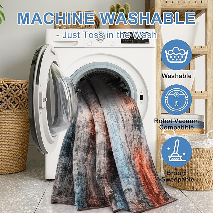 WILLSUN Washable Area Rugs, 9x12 Non-Slip Boho Large Area Rugs for Living Room, Bedroom, Machine Washable Vintage Rug, Indoor Floral Print Carpet for Home Decor, Kid & Pet Friendly Mat