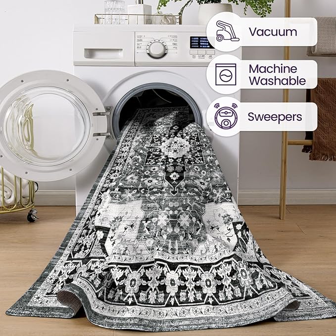 DEXI 5x8 Area Rug for Living Room, Washable Vintage Farmhouse Thin Rug Indoor Floor, Non Slip Stain Resistant Low Pile Carpet for Dining Room Bedroom Office, White Grey