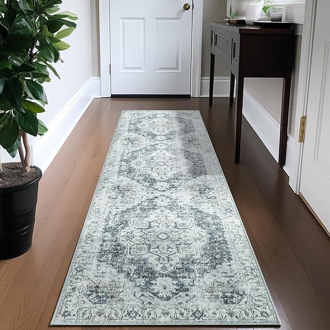 jinchan Runner Rug 2x7 Hallway Rug Kitchen Washable Runner Vintage Mat Retro Print Lightweight Non-Slip Floor Cover Distressed Thin Carpet for Entryway Bathroom Bedroom Laundry Room Stairway Grey