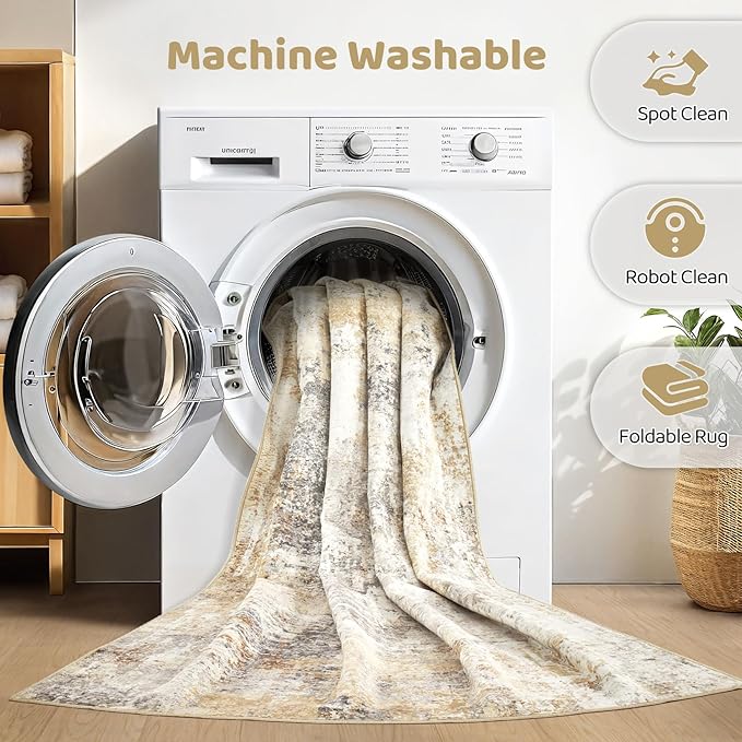 3X5 Rug Washable Area Rugs: Abstract Modern Soft Stain Resistant Indoor Floor Non Slip Throw Carpet for Entryway Living Room Closet Front Door Kitchen Bedroom Bedside Office Dorm- Gray Gold