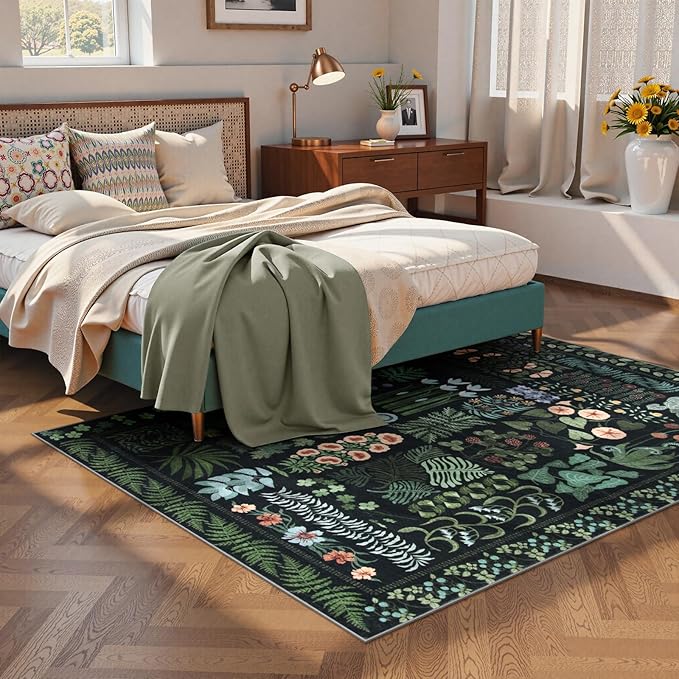 Floral Boho 5x7 Area Rugs for Living Room, Botanical Black Washable Bedroom Rug Non Slip, Large Soft Indoor Throw Carpet for Entryway Kitchen Dining Room Office (Black,5 x 7)