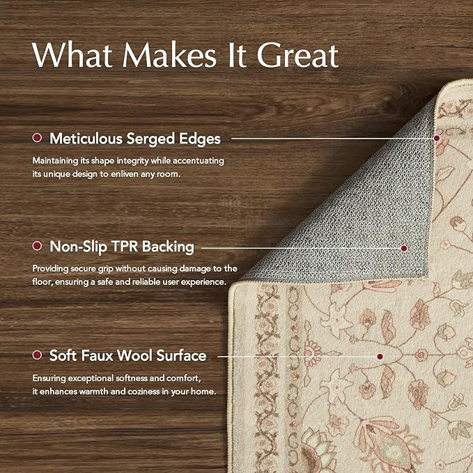 EVERGRACE Hallyway Area Runner Rugs 2x10, Boho Floral Faux Wool Indoor Outdoor Rugs, Washable Rugs for Bedroom Dining Room Living Room Kitchen, Low Pile Floor Mat Carpet for Home Decor, Natural Beige