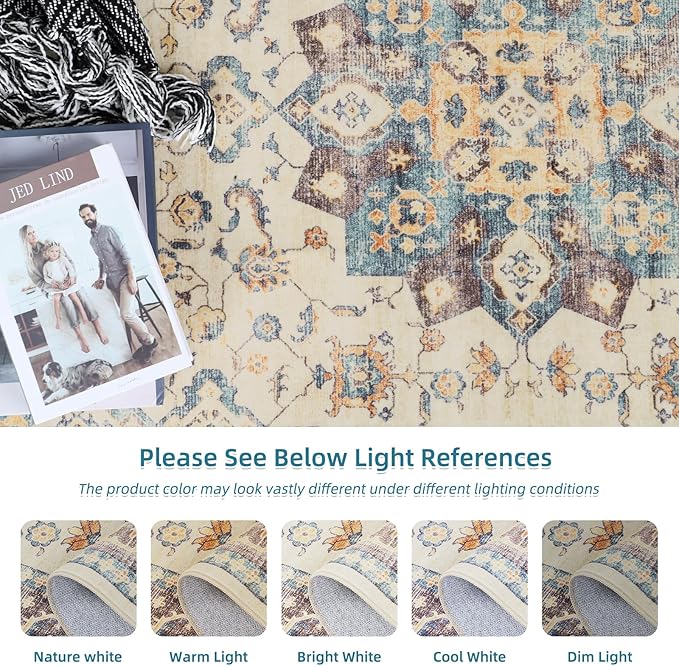 Dripex Vintage 5x7 Area Rugs -Large Washable Area Rug for Living Room Bedroom Oriental Medallion Floral Print Floor Carpet Low-Pile Indoor Soft Non-Slip Accent Rug Farmhouse Home Office Decor