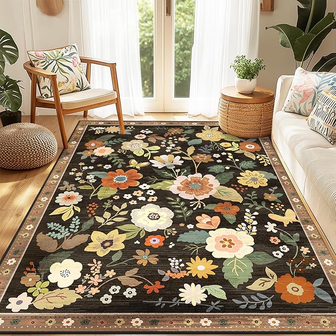 Floral 4x6 Area Rug Machine Washable Soft Print Boho Carpet Non Slip Doormat Low Pile Flower Area Rugs for Living Room Bedroom Nursery Kitchen Dining Room Indoor-Black/Yellow/Red