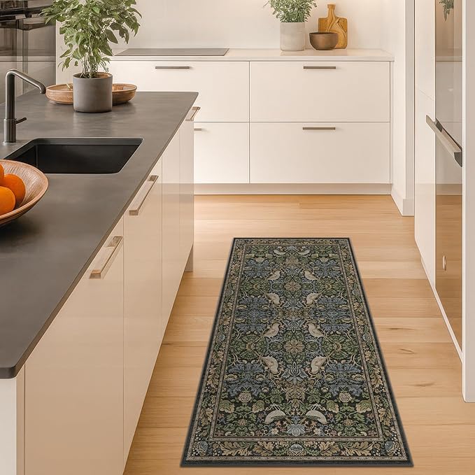 Washable Dark Vintage Floral Rugs for Entryway - Small 2x4 Runner Rug for Kitchen Bathroom Door Mat Indoor Entrance with Bird & Botanical Pattern, Brown Earthy Tones, Non Slip Low Pile