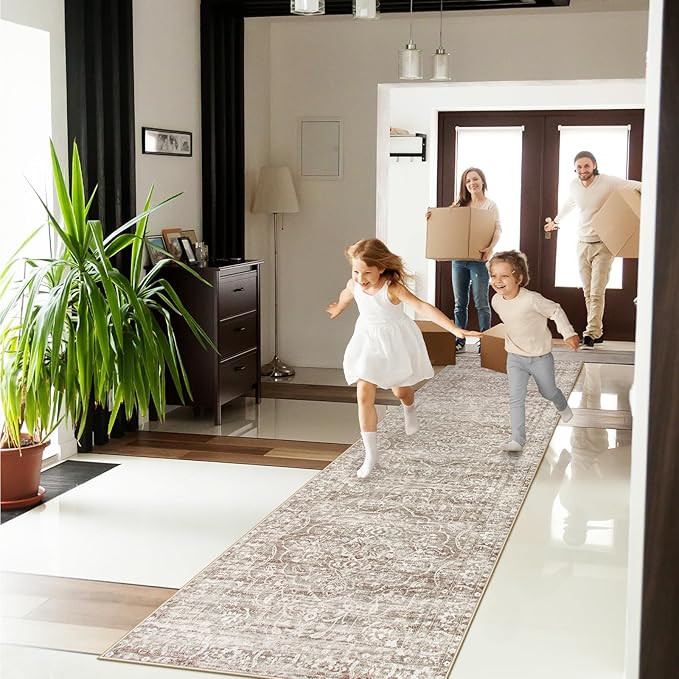 Lahome Runner Rug for Hallway 2.5x10, Washable Kitchen Runner Rugs Ultra-Thin Non Slip, Neutral Boho Print Long Farmhouse Indoor Carpet Runner for Entryway 10ft (Taupe, 2'5''x10')