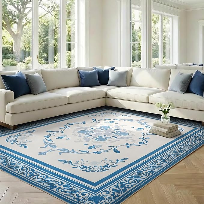 SOULFUL Medium Pile 2x3 Entryway Rug - Cozy Soft Underfoot Small Area Rug - Blue Boho Floral - Washable Non-Slip - Perfect for Hallway Kitchen Bedroom Bathroom Indoor Entrance