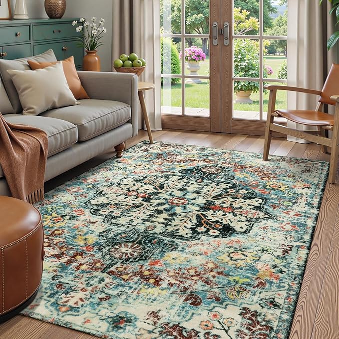 Lahome Bohemian Floral Medallion Area Rug - 5x7 Teal Large Washable Rugs for Living Room Soft Rugs for Bedroom, Turkish Non Slip Indoor Throw Carpet for Apartment Dining Room Entry Way