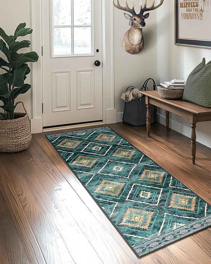 Area Rug 2x3 Rug Machine Washable Non-Slip Low Pile Print Pattern Western Rug for Living Room Bedroom Entryway Tribal Series -Teal/Green