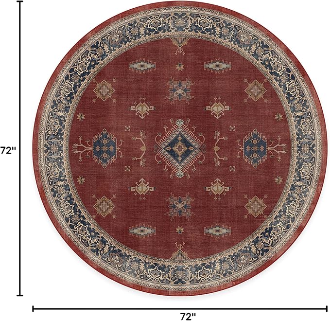RUGGABLE Washable Vintage Area Rug – Verena Amber Red 6 ft Round, Stain-Resistant, Non-Slip – Medium Machine Washable Rugs for Living Room, Bedroom, Hallway, Entryway & Office–with Standard Pad