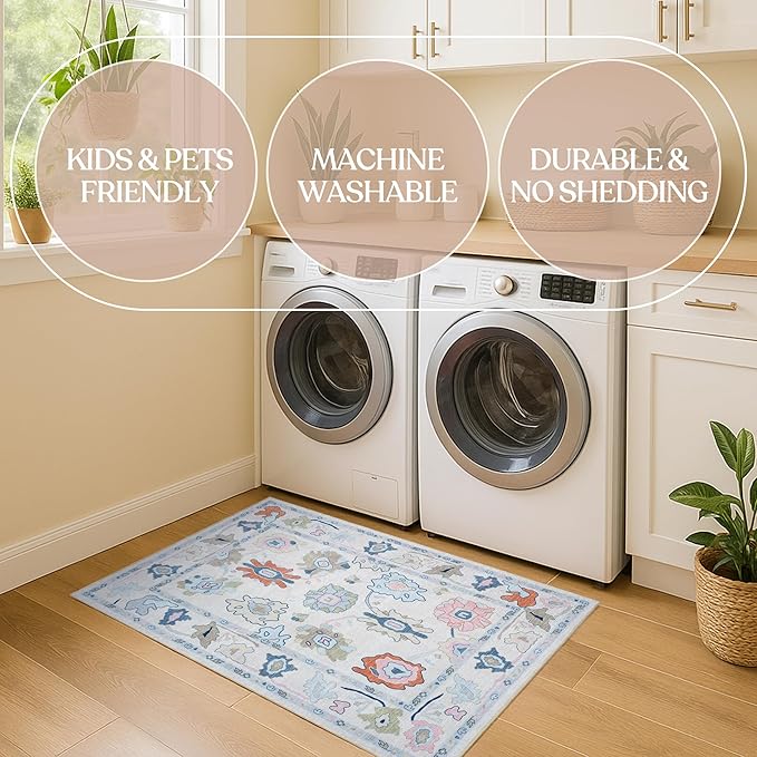 Fame Living Cream Oushak Runner Rug, Modern Runners, Vintage, Turkish, Eclectic, Floral, Pastel, Washable, Long Runner Rugs for Hallway, Kitchen, Living Room, Bedroom, Kitchen, Bathroom, 2'5"x13'