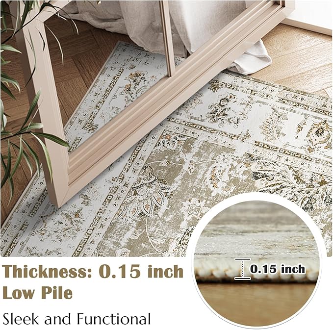 jinchan Fiora 6x9 Area Rugs for Living Room - Machine Washable Vintage Floral Distressed Design Stain Resistant Boho Carpet Ultra-Thin Low Pile Non-Slip Rug for Bedroom Dining Room (6'x9', Taupe)