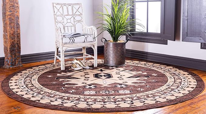 Unique Loom Taftan Collection Border Geometric Tribal Inspired Design Area Rug (8' 0 x 8' 0 Round, Brown/ Tan)