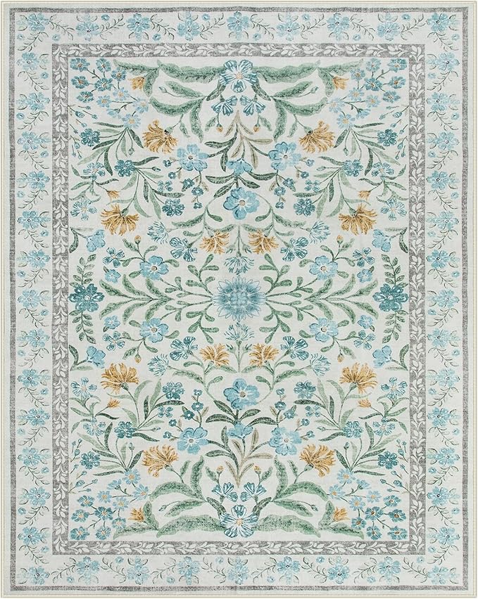 Lahome Light Blue Bedroom Rug 8x10 Under Bed, Boho Washable Rugs for Living Room Nursery, Soft Wool Vintage Low Pile Carpet for Dining Room Girls