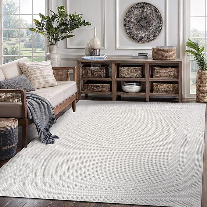 CAMILSON Micro Loop Rug 5x7 Modern Luxury Bordered Area Rugs Soft High and Low Pile Stain Resistant Easy-Cleaning Non-Shedding for Living Room Office Indoor Carpet (5 x 7 / White)
