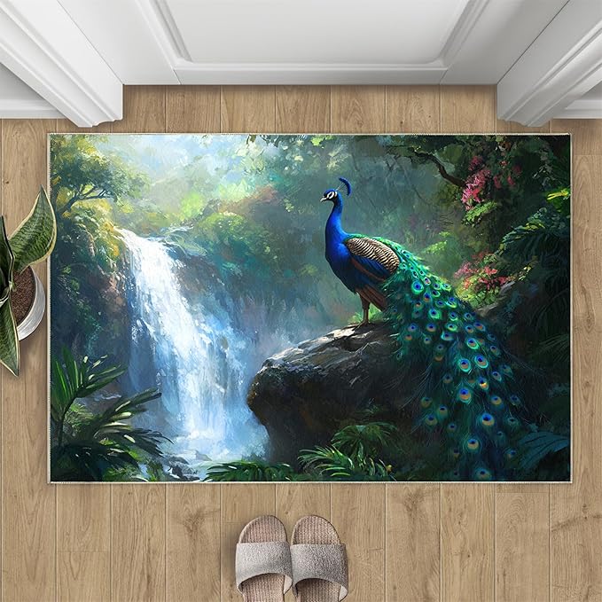 Peacock Rugs for Bedroom - 3x4 Rug, Peacock Decor Area Rugs for Living Room, Natural Landscapes Carpet, Waterfall Washable Area Mat, Aesthetics Carpet - Peafowl Home Decor & Gifts